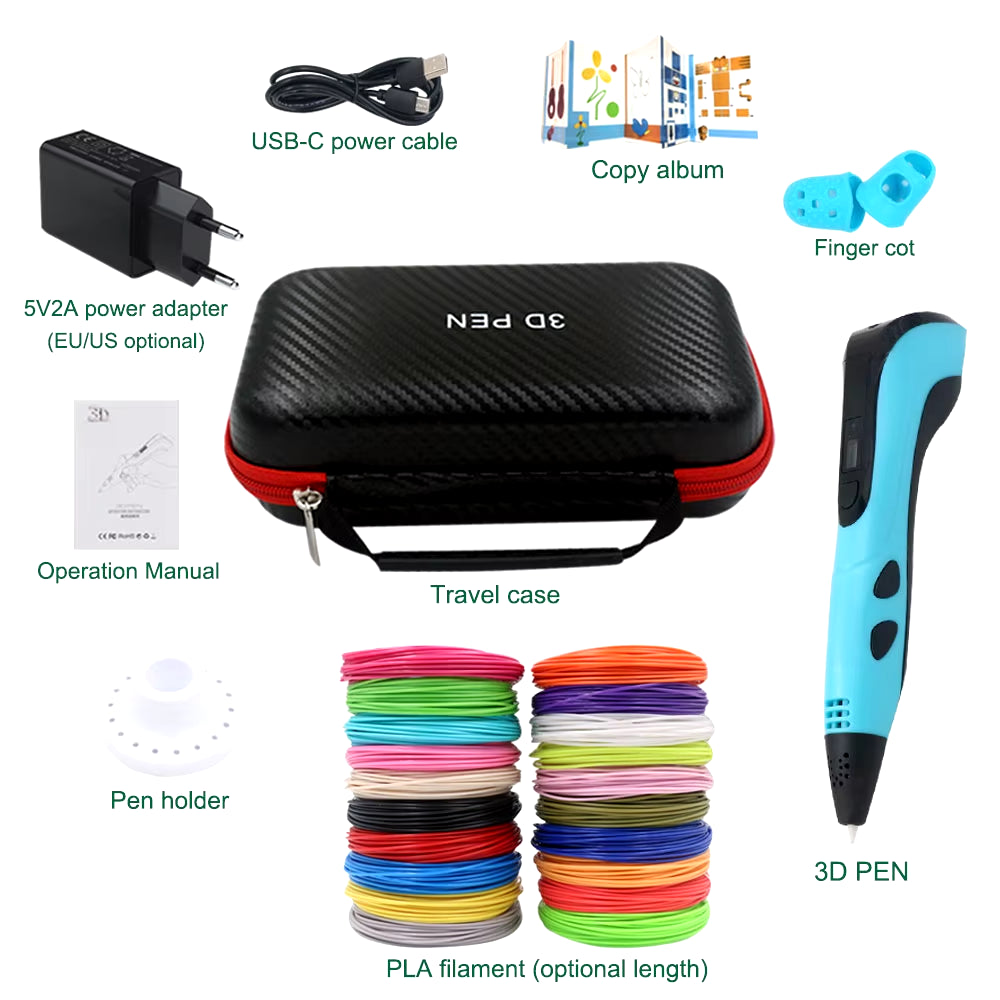 2025 New 3D Printing Pen DIY Three-Dimensional Painting Children Toys with LCD Screen Power Adapter 200M PLA Filament Toys Gift
